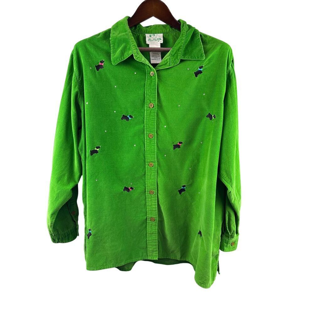 Women’s The Quaker Factory Size 2X Leaf Green Corduroy Button Up w/ Dog Pattern